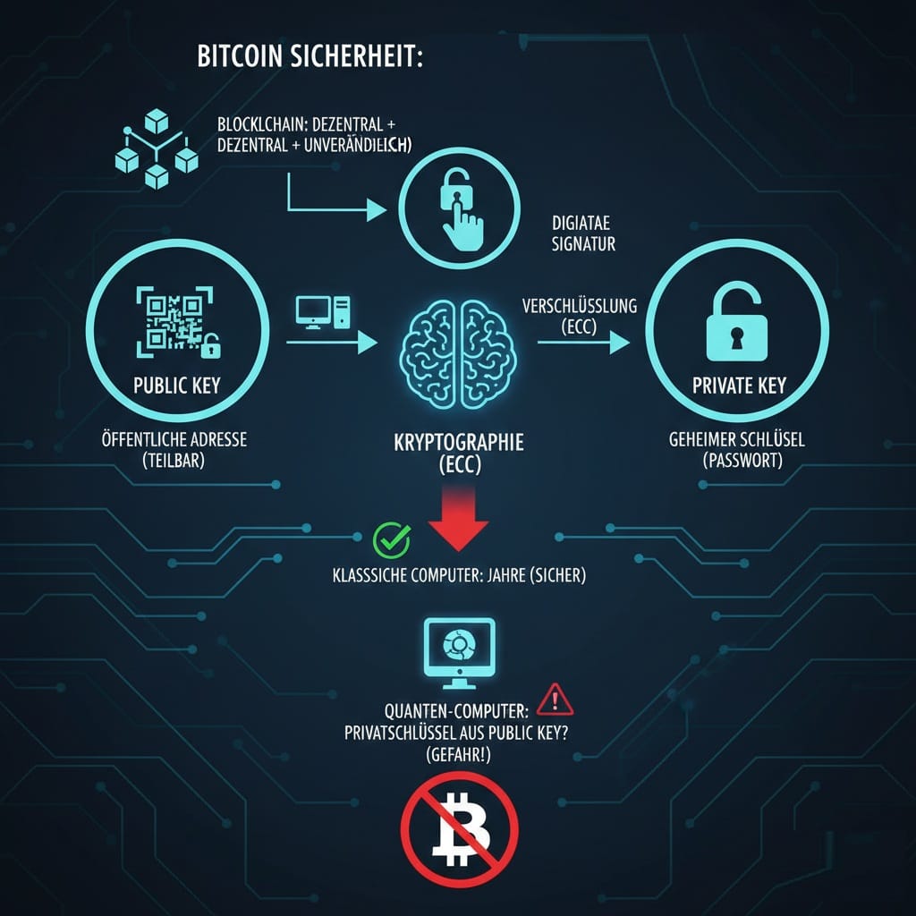 Bitcoin Sicherheit wird durch Quanten Computer gefährdet durch Aufhebung der öffentlichen Verschlüsselung durch Private Keys