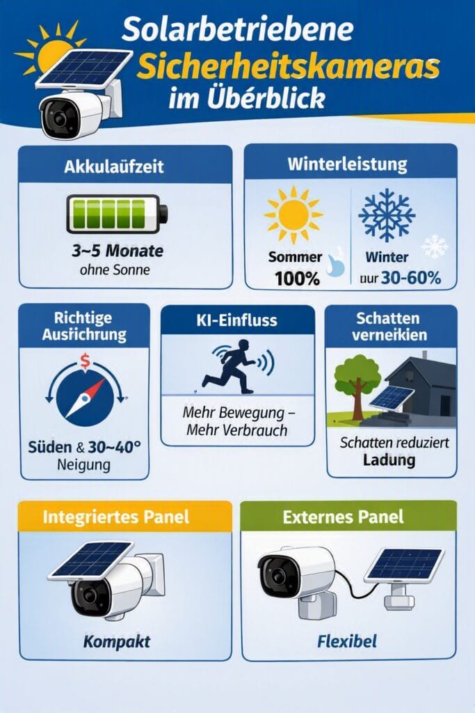 Infografik zeigt Solarbetriebene Sicherheitskameras im Überblick – Akkulaufzeit, Winterleistung, KI‑Einfluss, optimale Ausrichtung und Vergleich von integriertem und externem Solarpanel.