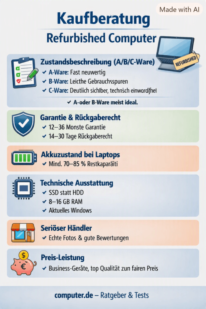 Grafische Darstellung der Faktoren zu Was muss man beim Kauf eines refurbished Computers beachten?