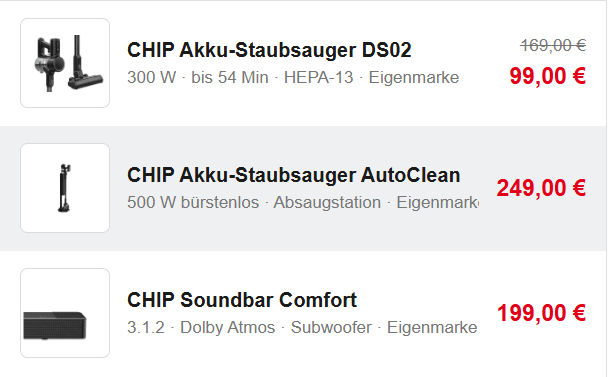 CHIP Eigenmarke mit getesteten Staubsaugern und Soundbars