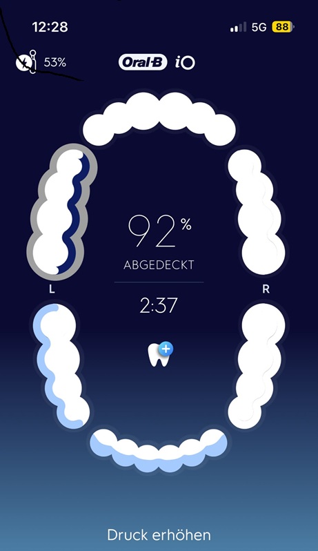 Die App zeigt uns die Andruckskontrolle des Oral-B iO 9n