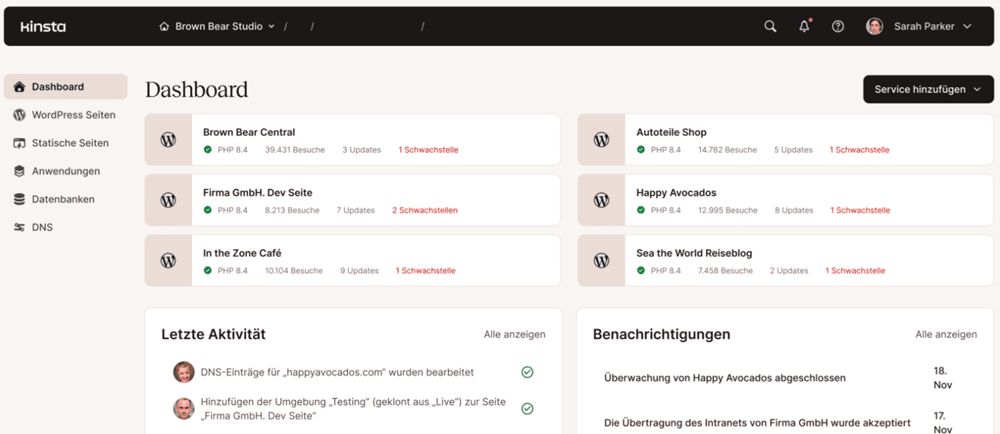 Kinsta Dashboard für die Verwaltung von WordPress Websites